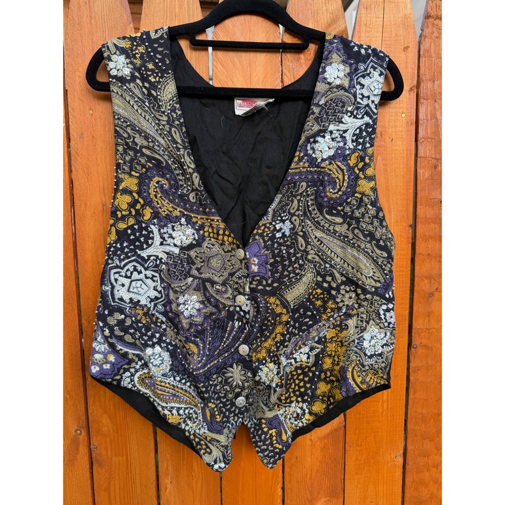 Vintage Fashion Passport Paisley Rayon Vest Black Purple Gold Boho Small